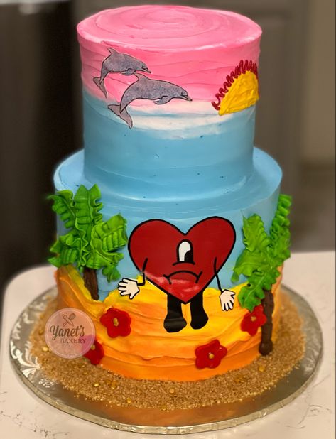 2 tier bad bunny cake Bad Bunny Birthday Cake Ideas, Bad Bunny Pool Party, Bad Bunny Heart Cake, Bad Bunny Birthday Party Ideas, Bad Bunny 21 Party Theme, Bad Bunny Bday Party, Bad Bunny Cakes Ideas, Bad Bunny Things, Bad Bunny Stuff