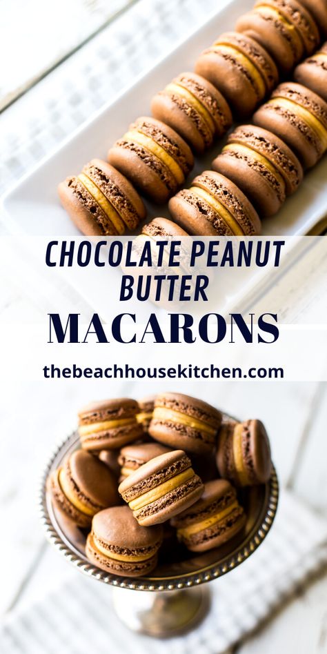 These Chocolate Peanut Butter Macarons are a decadent little treat in a winning flavor combination! Peanut Butter Macarons, French Macaroon Recipes, Homemade Macarons, Macarons Macaroons, Macaron Flavors, Macaron Cookies, Macaroon Recipes, Homemade Pastries, Macaron Recipe