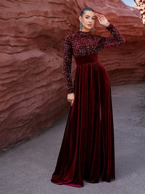 Burgundy  Collar Long Sleeve Sequins Plain A Line Embellished Slight Stretch All Weddings & Events Burgundy Cocktail Dress, Old Hollywood Wedding, Dark Red Dresses, Preppy Prom, Business Formal Dress, Boho Bridesmaid, Womens Prom Dresses, Formal Dresses Gowns, Gala Dresses