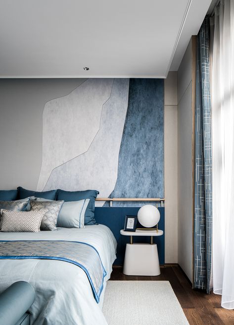 Rancho Santa Fe Villa on Behance Modern Bedroom Blue, Blue Room Ideas Aesthetic, Blue Bedroom Interior, Bedroom Design Ideas Modern, Fall Bedroom Aesthetic, Bedroom Aesthetic Ideas, Bedroom Ideas Aesthetic, Photography Interior, Hotel Room Design