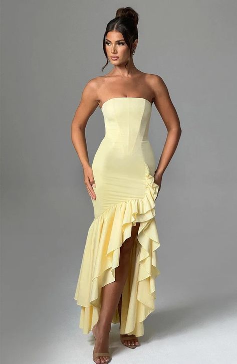 Angelina Maxi Dress - Lemon – BABYBOO Backless Bodycon Dresses, Strap Dresses, Club Party Dresses, Tube Top Dress, Off Shoulder Fashion, Bodycon Maxi Dresses, Split Dress, Hip Dress, Maxi Dress Blue