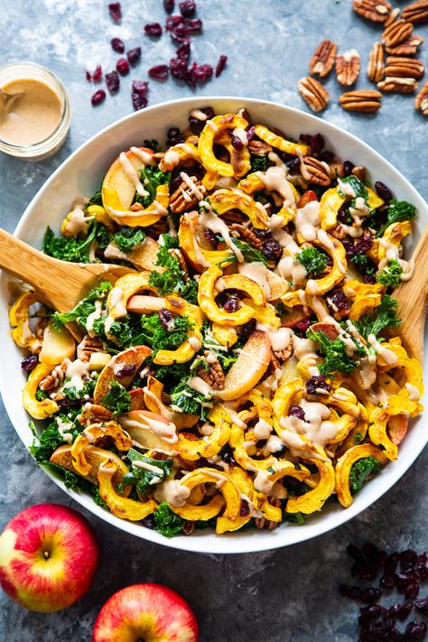 Harvest Kale Salad, Harvest Kale, Harvesting Kale, Delicata Squash Recipe, Paleo Running Momma, Roasted Delicata Squash, Paleo Dinners, Cider Vinaigrette, Butternut Squash Salad