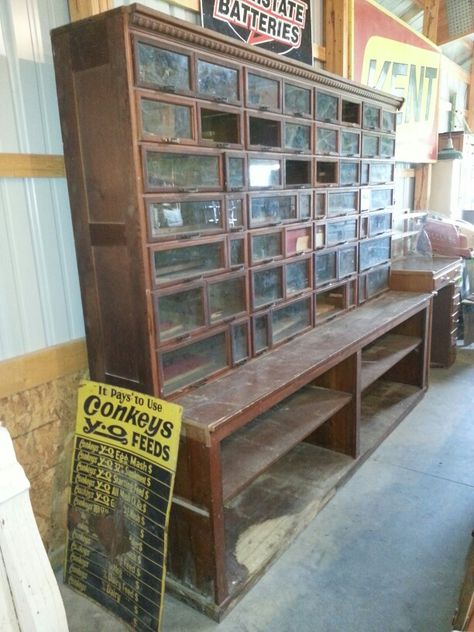 Feeling love for this old hardware store cabinet! Lots of drawers! General Store Cabinet, Antique Display Cabinet General Store, Apothecary Cabinet Vintage Hardware, Vintage General Store, Primitive Apothecary Cabinet, Wooden Apothecary Cabinet, Old General Stores, Antique General Store 12’ Cabinets, Vintage Cupboard