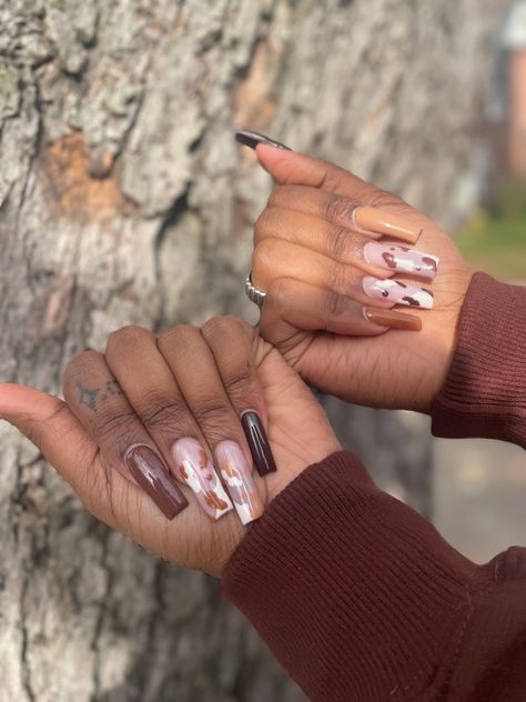 Cow Print Nails Brown, Medium Length Square Nails, Brown Cow Print Nails, Medium Length Nails, Preppy Nails, Length Nails, Cow Print Nails, Nails Medium Length, Nails Brown