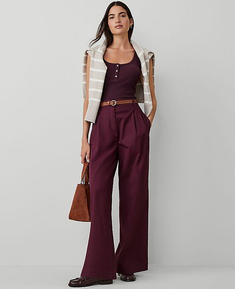 Introducing Ann Taylor Weekend – relaxed separates and easy pairings that take the work out of getting dressed. Front zip with double hook-and-bar closure. Belt loops. Front pleats. Vertical on-seam pockets. Back welt pockets.,Leg Shape:Leg Shape: Wide Leg – a modern must-have with a statement leg and flattering high waist,Rise:High rise: sits 1/2" to 1" below natural waist,Imported:Imported,Fit:Fit: Relaxed & easy,Length:Full length: 31" inseam with 25" leg opening,Fabrication:97% Cotton, 3% Spandex,Garment Care:Machine Washable AT Weekend Topstitched Wide Leg Pants by Ann Taylor Size regular - 2 Plum Rose Women's Cotton, Blend, Regular, Wide, Leg, Pants, 97%, Cotton, 3%, Spandex, Machine, Washable Wide Leg Trousers With Boots, Maroon Wide Leg Pants Outfit, Khaki Dress Pants Outfit Women, Purple Pants Outfit Work, Maroon Pants Outfit Work, Statement Pants Outfit, Wide Leg Trousers Outfit Work, Plum Pants Outfit, Wide Legged Pants Outfit