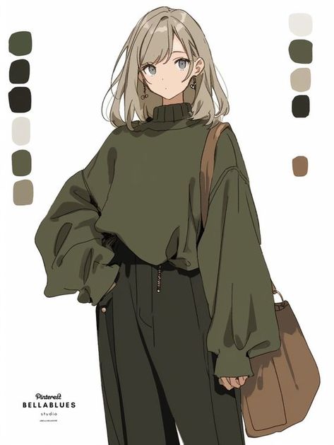 Fashion Anime Aesthetic, Anime Black Clothes, Side Clothes Drawing, Black Clothes Drawing, Green Clothing Aesthetic, Anime Clothes Reference, Black Edgy Outfit, Green Clothes Aesthetic, Green Character Design