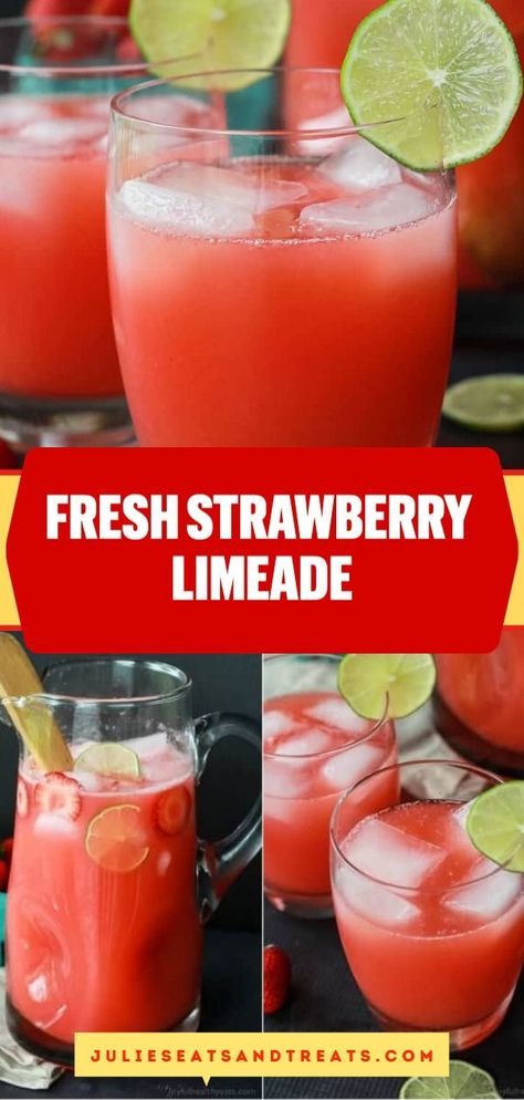 Here's a must-try summer drink, the easy strawberry limeade recipe! A fresh Strawberry Limeade made with 5 ingredients and done in just 5 minutes. What's not to love? Mexican Limeade, Lemon Limeade Recipe, Strawberry Cucumber Limeade, Fresh Strawberry Lemonade Recipe Easy, Strawberry Lime Lemonade, Strawberry Limeade Recipe, Sonic Strawberry Limeade Recipe, Limeade Punch, Strawberry Lemonade Punch Non Alcoholic