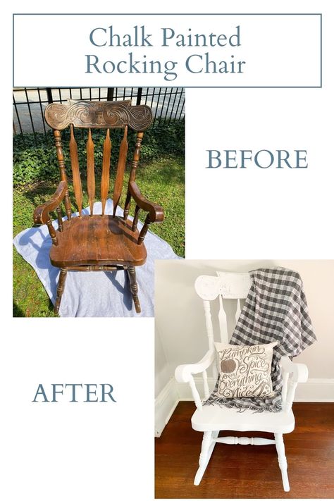 Chalk Painted Rocking Chair - 2 Bees in a Pod Rocking Chair Upcycle Ideas, Farmhouse Rocking Chair Living Room, Chalk Paint Rocking Chair, Refurbished Rocking Chair, Old Rocking Chair Makeover, Upcycled Rocking Chair, Wooden Rocking Chair Makeover, Painted Rocking Chair Ideas, Thrifty Style