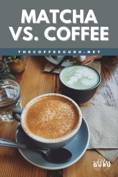 Matcha vs. Coffee: Pros and Cons - The Coffee Guru. Coffee, matcha. #coffee #matcha, health benefits of coffee,  health benefits of matcha, how to make matcha, how to make coffee, the difference between matcha and coffee. Matcha Vs Coffee, Caffeine Benefits, Jitter Juice, Matcha Drinks, Benefits Of Matcha, Coffee Process, Matcha Coffee, Coffee Health, Coffee Matcha