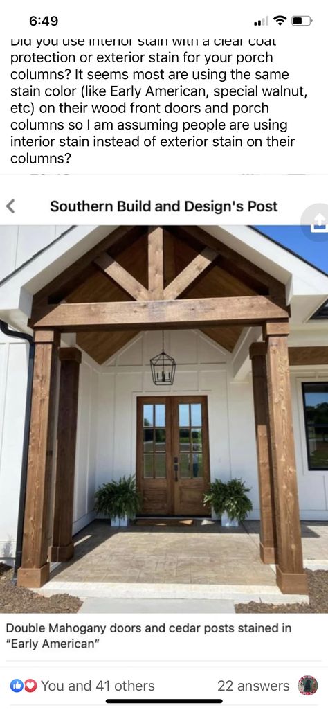 Pine Posts Front Porch, Double Post Front Porch, Cedar Porch Post Stain Colors, Stain For Cedar Beams, Cedar Post Stain Color, Cedar Front Porch Ideas, Porch Post Stain Colors, Best Stain For Mahogany Door, Stained Columns On Front Porch