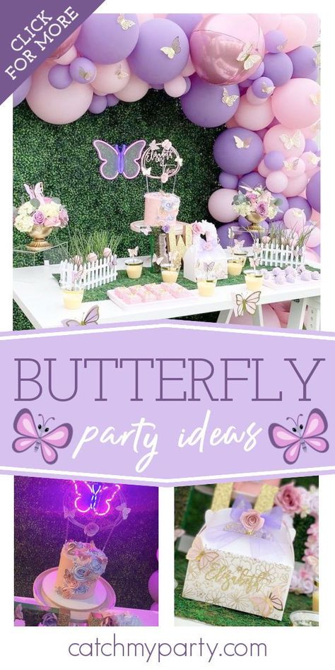 Take a look at this pretty butterfly birthday party! Love the balloon garland! See more party ideas and share yours at CatchMyParty.com Birthday Party Ideas Butterflies, Butterfly Aesthetic Party, Blue And Purple Butterfly Birthday Theme, Butterfly 2nd Birthday Party Ideas, Pretty Birthday Party Themes, Buterfluffy Party Theme, Butterfly Decor Birthday, Butterfly Birthday Theme Ideas, One Year Old Butterfly Party