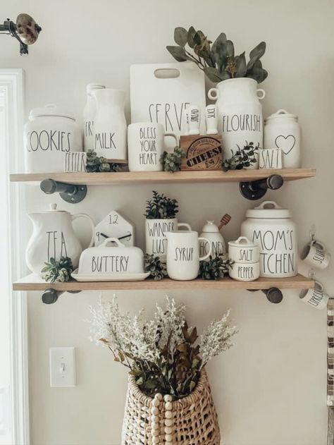 Rae Dunn Display Ideas, Rae Dunn Kitchen Display, Rae Dunn Kitchen Counter Display, Rae Dunn Wall Display, Rae Dunn Hutch Display, Green Kitchen Countertops, Rae Dunn Hobby Lobby Shelf Display, Kitchen Paint Ideas, Rae Dunn Kitchen Cabinet Top Display