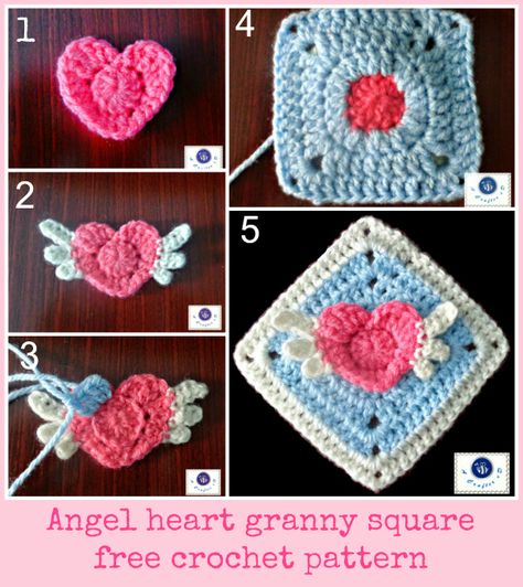 Heart Granny Square Pattern, Crocheted Hearts, Heart Granny Square, Motifs Granny Square, Granny Square Pattern, Crochet Angel, Mode Crochet, Angel Heart, Crochet Square Patterns