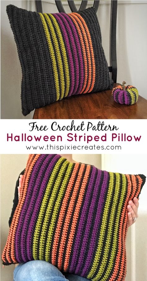 Learn to crochet this easy striped pillow in time for Halloween, or switch up the colours for a year round pillow cover! This pillow cover is made of two rectangles that are seamed together on 3 sides, and a zipper is added to the 4th side. This makes the pillow cover removable for washing. I hope you enjoy making it! Round Pillow Cover, Crochet Cushion Covers, Modern Haken, Crochet Pillow Patterns Free, Making Decorations, Crochet Pillow Cases, Crochet Project Free, Crochet Cushion Pattern, Halloween Pillows Covers