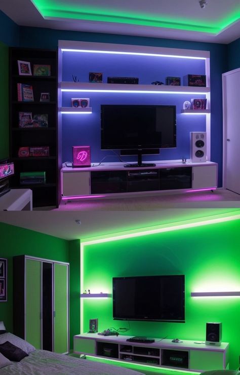 Create a striking neon gaming bedroom aesthetic by painting the walls in vibrant colors like neon green or electric blue. Incorporate popular gaming elements like LED strip lights, a gaming desk with LED lights, and display your favorite consoles or gaming memorabilia on shelves or wall-mounted display cases. Gaming Bedroom Aesthetic, Gaming Elements, Green Room Ideas Bedroom, Green And White Bedroom, Wall Mounted Display Case, Desk With Led Lights, Gaming Bedroom, Neon Bedroom, Green Room