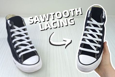 Sawtooth lacing Lattice Lacing Shoes, How To Style Converse, How To Tie Laces, Lace Converse Shoes, Lace Converse, Lightning Shoes, Shoe Lacing Techniques, Army Shoes, How To Lace Converse