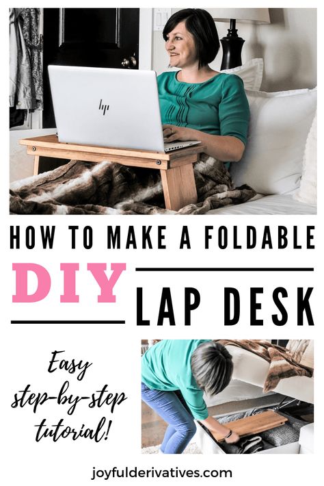 DIY Lap Desk / Folding Bed Tray Table Tutorial / Easy steps for how to make a diy lap desk or laptop table with legs. This folding table can also be used for a bed tray! Perfect for kids and much more comfortable than one with a pillow underneath. Use these woodworking plans and simple steps to make your own lapdesk out of wood that easily stores away when not in use. #diy #diydesk #diylapdesk #diytutorial Lap Desk Diy, Diy Lap Desk, Bed Tray Diy, Diy Seng, Bed Tray Table, Lap Table, Desk Diy, Murphy Bed Plans, Diy Laptop