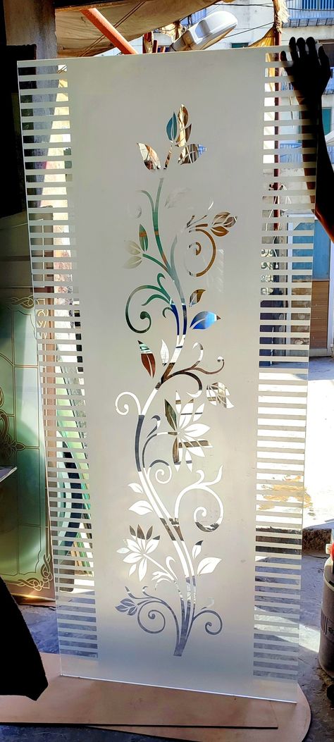 Front Monty Glass Design, Etched Glass Door Interiors, Window Glass Design Indian, Frosted Glass Design Pattern Living Rooms, Frosted Glass Design For Mandir, Glass Mandir, Window Glass Etching Designs, Etching Glass Design For Balcony, Etched Glass Windows