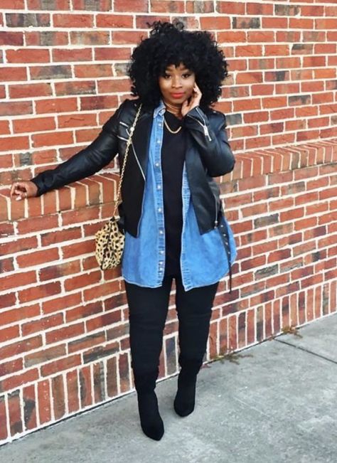 Classy Casual Outfits Black Women Winter, Fall Brunch Outfit Black Women Plus Size, Stomach Outfits Hide, Edgy Tea Party Outfit, Black Mom Outfits Fall, Long Black Boots Outfit Plus Size, Denim And Leather Pants, Chucks And Pearls Outfit Ideas, Crewneck Outfit Plus Size