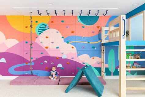 U.F.OH My Goodness — grOH! Playrooms Creative Playroom Ideas, Playroom Mural, Crash Mat, Indoor Playroom, Diy Mural, Colorful Playroom, Climbing Walls, Basement Playroom, Big Kids Room