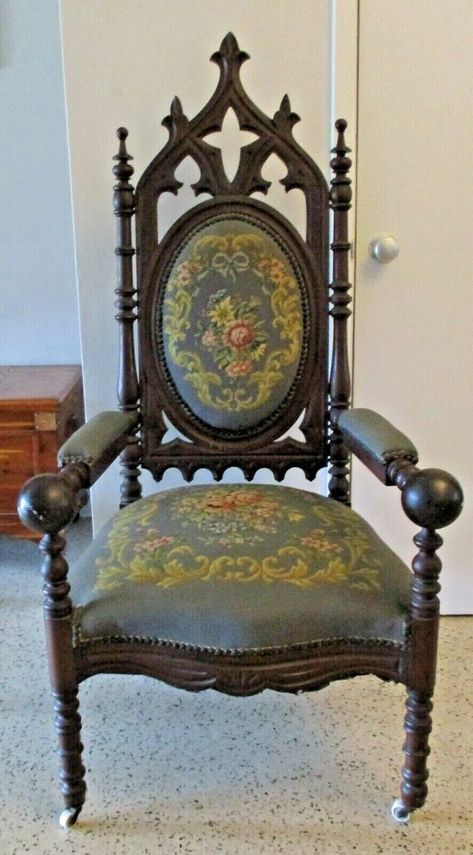 "SHIPPING IS NOT FREE. Buyer responsible to arrange and pay for shipping.  Buyer may pick up locally for free. Many buyers use uShip.com to get their item shipped. We can hold your purchase for up to one month while awaiting pick up. Antique Gothic Revival Mahogany and Needlepoint Ball Arm Throne Chair Armchair This is a beautiful antique arm chair, it is decorated with barley twist legs and the back panel is topped with spires.  The arms end in balls and the legs in casters. The upholstery on t Gothic Throne, Gothic Revival Furniture, Gothic Chair, Halloween Crafts To Sell, Classy Halloween Decor, Christmas Crafts Diy Projects, Wooden Christmas Crafts, Victorian Chair, Woodworking Plans Beginner