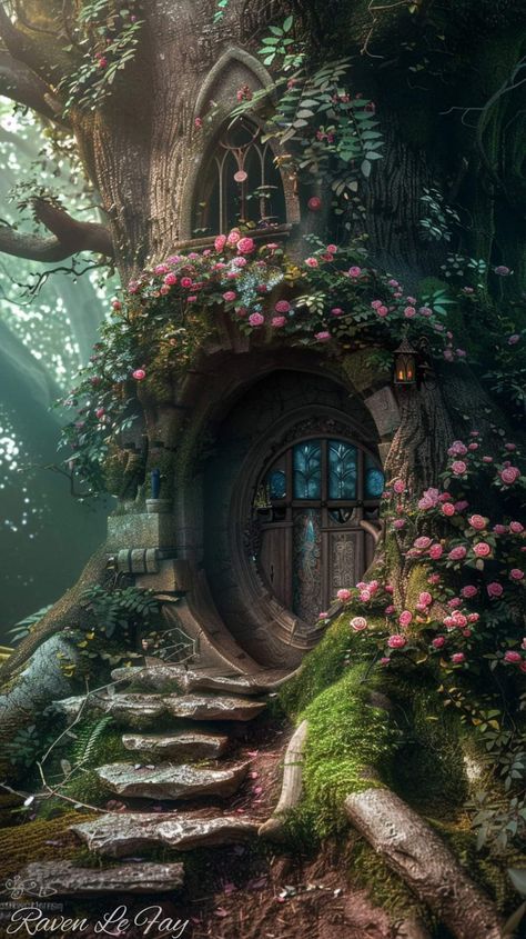 Fairytale Place Aesthetic, Magic Asthetics Photos, House Inside Tree, Magical Forest Mural, Enchanted Tree House, Magic Forest Concept Art, Fairy Village Aesthetic, Forest Castle Aesthetic, Magical Background Fairytale