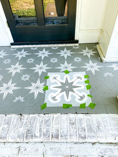 Stencil Painted Porch Floor Makeover - Bless'er House Paint Linoleum, Painted Porch Floors, Painted Porch, Stencil Concrete, Casa Hobbit, Floor Makeover, Porch Paint, Porch Floor, Painting Concrete Porch