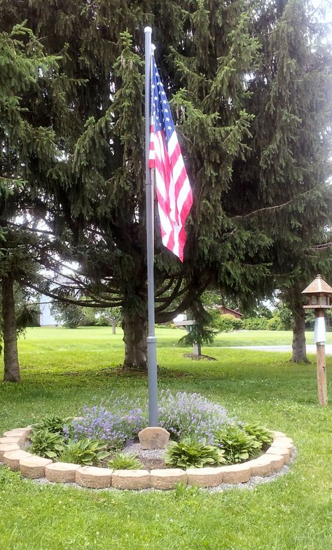 Front Yard Flag Pole Ideas, Flag Pole Landscaping Front Yards, Flagpole Ideas, Flagpole Landscaping, Diy Flag Pole, Flag Pole Landscaping, Drought Landscaping, Flagpole Landscaping Ideas, Garden Flags Ideas