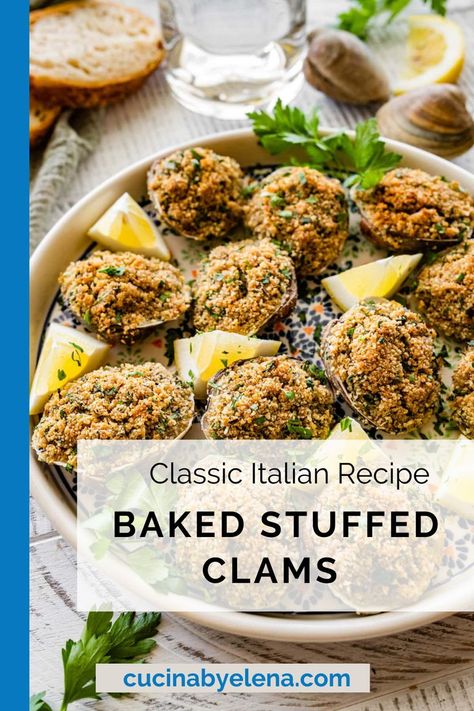 Baked stuffed clams in a baking dish with lemon wedges. Clams Oreganata Recipes, Coastal Italian Dinner Party, Baked Clams Recipe, Clams Oreganata, Oreganata Recipe, Baked Clams, Italian Thanksgiving, Italian Dinner Party, San Gennaro