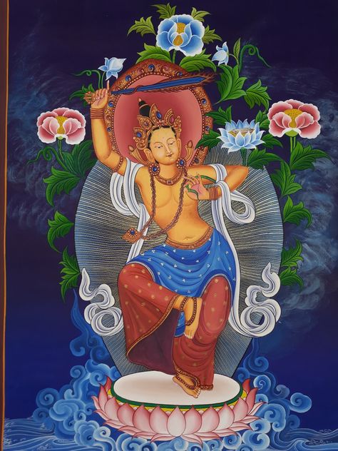 Dancing+Manjushri+Hand+Painted+Fine+Quality+Tibetan+Thangka+Painting+From+Nepal Thanka Paintings Of Nepal, Thangka Painting Of Sikkim, Sikkim Painting, Tibetan Restaurant, Gods Painting, Tara Mantra, Tibetan Thanka, God Of Wisdom, Thangka Art