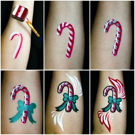 Terrific candy cane step-by-step by our new artist Rep Shelly Polsoni! This is a homemade split cake using our Paradise Red and Wolfe White. DFX Metallic Green for the stripes and bow, and a strong Wolfe White shine really make this look really pop. Face Painting Christmas Easy, Christmas Body Painting, Xmas Face Painting Kids, Rainbow Face Paint, Fairy Face Paint, Homemade Face Paints, Fair Face, Professional Face Paint, Christmas Face Painting