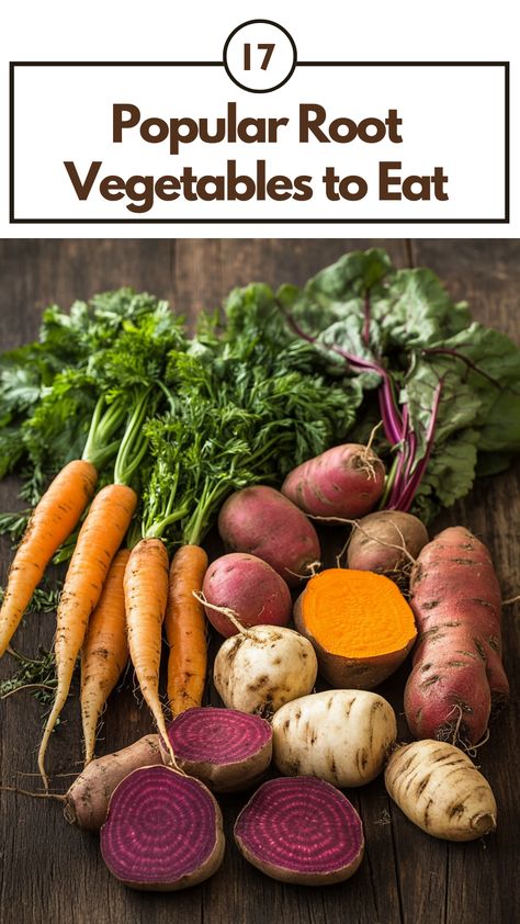 A colorful assortment of root vegetables, including sweet potatoes, carrots, beets, and parsnips, displayed on a rustic wooden surface, ready for cooking or adding to healthy meals. Sweet Potatoes And Carrots, Root Vegetable Soup, Root Vegetables Recipes, Potatoes And Carrots, Root Veggies, Roasted Root Vegetables, Root Vegetable, Starchy Foods, Stir Fries