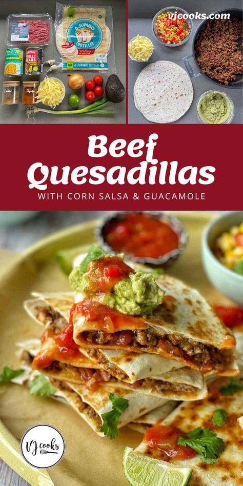 Tasty quesadillas made from toasted tortillas filled with Mexican-style mince then topped with homemade corn salsa and guacamole. Mince Dinner Ideas, Delicious Quesadillas, Homemade Corn Salsa, Toasted Tortilla, Salsa And Guacamole, Mains Recipes, Bowls Healthy, Vj Cooks, Beef Quesadillas