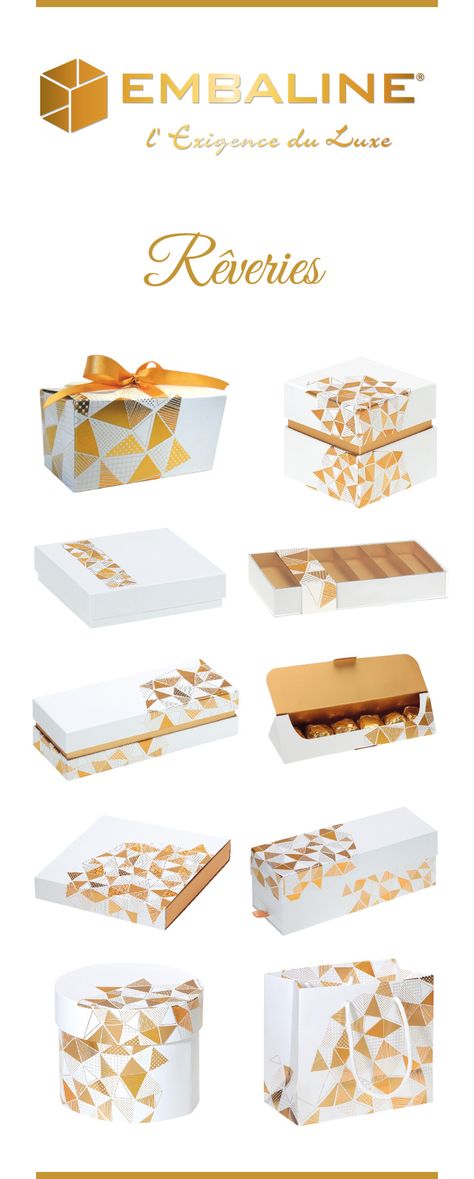 Collection de Packagings "Rêveries" by Embaline. Emballages pour Chocolatiers et Confiseurs.#embaline #packaging #emballage #chocolat #chocolatier #nouvelan #confiseur #packagingdesign Christmas Gift Boxes, Package Ideas, Pack Design, Art Plastique, Gift Boxes, Macarons, Chocolates, Takeout Container, Biscuits