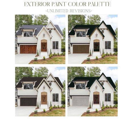 Exterior Stucco House Colors Paint Ideas, White House Garage Door Colors, Brick House Exterior Paint Ideas, White House Exterior Colors Schemes, White House Exterior Colors, Exterior Paint Color Palette, House Exterior Before And After, Color Palette Home, White Exterior Houses