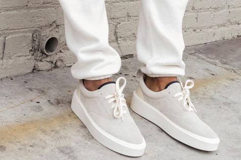 Gray Suede Kicks Are the Antidote to the Big Ugly Sneaker Trend Photos | GQ Fear Of God Sneakers, Jerry Lorenzo, Retro Trainers, Sneaker Trend, Reset Button, To The Bone, Mens Luxury Fashion, Black And White Style, Stylish Mens Outfits