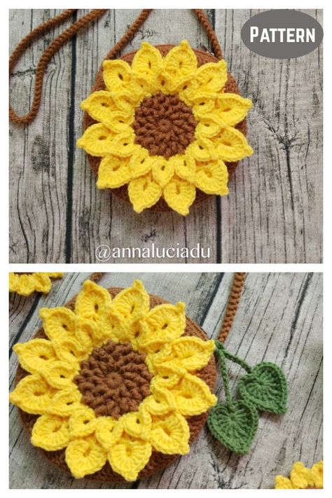 Sunflower Pouch Crochet, Crochet Sunflower Bag Free Pattern, Fall Crochet Hats, Sunflower Granny Square Pattern, Sunflower Applique, Diy Crochet Purse, Crocheted Purses, Sunflower Bag, Boho Crochet Patterns