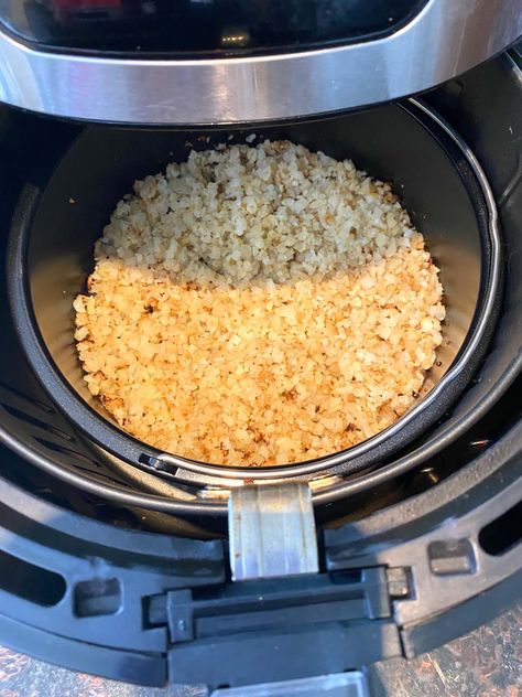 Air Fryer Cauliflower Rice Recipes, Cauliflower Rice Air Fryer, Air Fryer Cauliflower Rice, Air Fry Frozen Cauliflower, Air Fryer Frozen Cauliflower, Crispy Coliflower Airfryer, E2m Meals, Riced Cauliflower From Frozen, Cauliflower Air Fyer