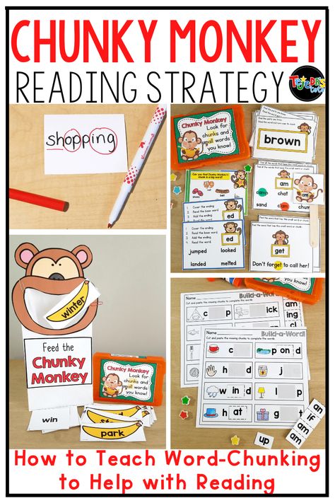 My favorite reading strategy to teach is Chunky Monkey! I always start with a slideshow to introduce the strategy, then follow up with activities to practice chunking words. This is a great decoding strategy for beginning readers in kindergarten and first grade. The Chunky Monkey character and song make it super fun and easy for kids to remember. Word Chunking Activities, Decoding Activities First, Reading Strategies For Kindergarten, Chunking Words Activities, Chunking Reading Strategy Activities, Chunking Words, Conclusion Words, Decoding Activities, Monkey Character