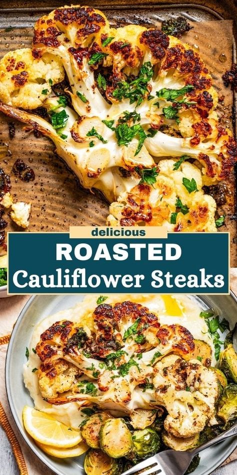 Indulge in these roasted Cauliflower Steaks bursting with the zesty flavors of garlic and lemon and sprinkled with fresh parsley. These vegetarian steaks offer a delicious taste and texture and are cooked in just 30 minutes. Diethood Recipes, Vegetarian Steak, Cauliflower Roasted, Cauliflower Steaks Recipes, Cauliflower Steak, Monday Recipes, Roasted Cauliflower Steaks, Baked Steak, Savory Sides