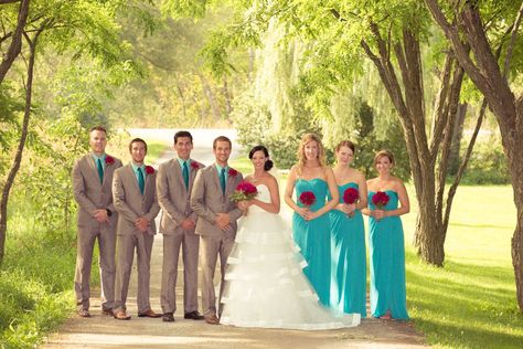 Lynn chose a bright red and turquoise color palette for the day, which extended to the wedding party's attire. The bridesmaids donned strapless chiffon gowns in a bright shade of turquoise, while the groomsmen sported neutral colored suits with green shirts and turquoise ties. Colored Suits, Tan Suits, Wedding Party Attire, Dresses Images, Turquoise Color Palette, Turquoise Tie, Green Shirts, Wedding Parties Colors, Red And Turquoise