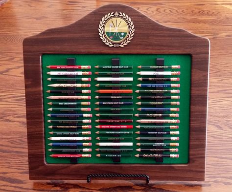 Golf Pencil Display Golf Club Crafts, Golf Zone, Pencil Display, Diy Golf, Golf Crafts, Memorabilia Display, Golf Diy, Golf Decor, Local Gifts