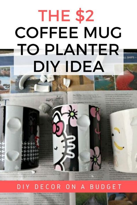 If you have broken coffee mugs or kitchen bowls you'll love this reuse recycle idea for these common household items. Turn these into planters with this easy decor project. #reuse #repurpose #upcycling Diy Concrete Patio, Upcycled Furniture Before And After, Coffee Mug Crafts, Branded Mugs, Recycled Crafts Kids, Thrifted Home, Thrifted Home Decor, Mug Crafts, Kitchen Bowls