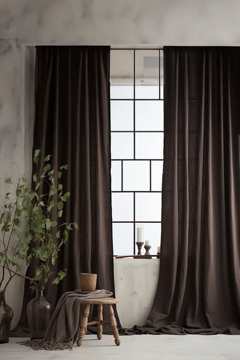 Brown linen curtains Curtain With Blinds, Curtains Men, Brown Linen Curtains, Windows Treatments, Brown Curtains, Cozy Homes, Dark Curtains, Black Curtains, Long Hair With Bangs