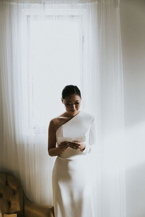 one shoulder One Shoulder Wedding Dress Simple, Bridesmaid Hairstyles One Shoulder Dress, Minimal Bride Dress, Wedding Dresses One Shoulder, Wedding Dress Column, Moody Minimalist, Shoulder Wedding Dress, Wedding Ceremony Backdrop, Wedding Party Ideas