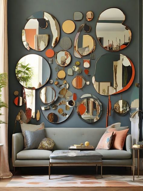 Elevate your decor with ‘Mirror Mosaic’ – an ensemble of small mirrors in different shapes and sizes. Create a captivating mosaic that adds a touch of dynamic charm to your home decor. 🪞✨ #SmallMirrors #MirrorMosaic #DynamicDecor #PinterestDecorEnsemble Multiple Mirrors On Wall, Mirror Collage, Multiple Mirrors, Maximalist Style, Unique Mirrors, Mirror Mosaic, Small Mirrors, Functional Furniture, Bar Lounge