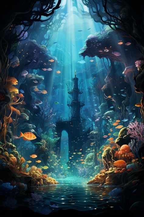 Under Water Illustration Ocean, Fantasy Circus, Fantasy Landscape Art, Cool Sea Creatures, Sea Turtle Drawing, Mythical Sea Creatures, Wallpaper Fantasy, Landscape Digital Art, Art Underwater