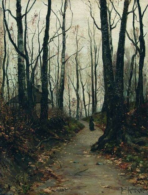 Yuli Yulievich Klever (Russian, 1850-1924), "Woman Walking down the Road through the Trees" (1887) Oil on canvas Private collection Art Archive, Samhain, Dark Forest, Art Moderne, In The Woods, Classic Art, Art History, Landscape Paintings, Oil On Canvas