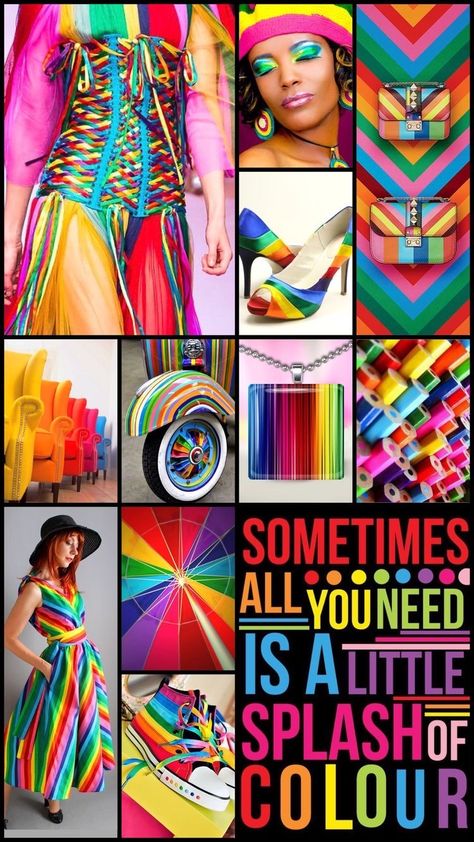 Rainbow Theme Outfit Ideas, Rainbow Inspired Outfits, Theme Board Fashion Inspiration Ideas, Theme Board Fashion Inspiration, Rainbow Outfit Ideas, Fashion Portfolio Template, Rainbow Moodboard, Colorful Moodboard, Branding Merchandise