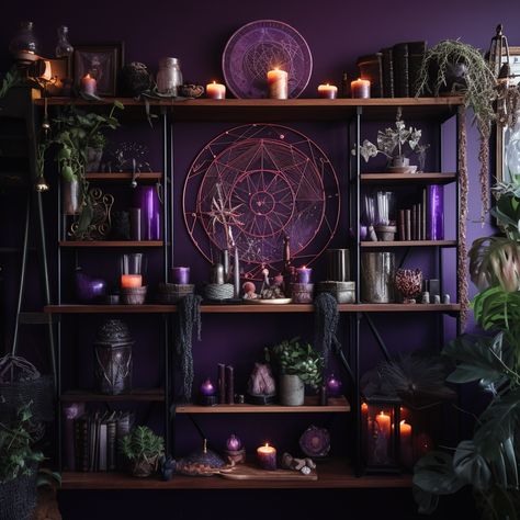 Galaxy Office Design, Witchy Gothic Aesthetic, Purple Witchy Room Aesthetic, Witchy Gamer Room, Witchy Gaming Room, Purple Witch Bedroom, Purple Witchy Bedroom, Dark Purple Rooms, Dark Purple Room Aesthetic